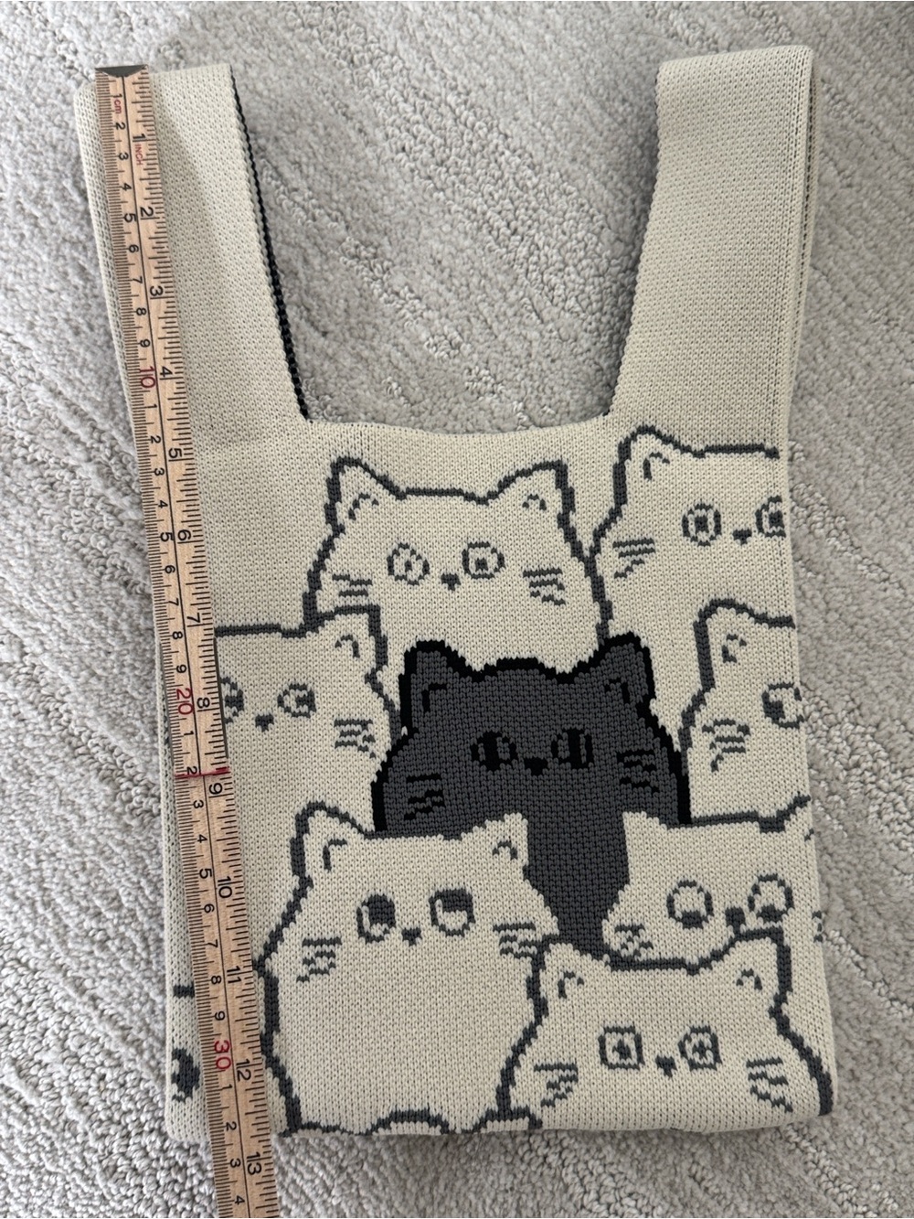 Cute Knit Cat Tote Bag Black & Cream Kitty Pattern Shoulder Bag Kawaii Coquette - Picture 4 of 5